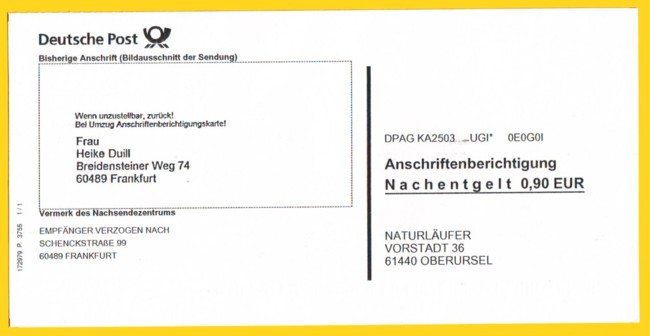 Maschinell erstellte Anschriftenberichtigung aufgrund einer Vorausverfügung bei einer Infopost- oder Infobriefsendung wird schrittweise überflüssig, da Rückmeldung per Datensatz erfolgt Maschinell erstellte Anschriftenberichtigung aufgrund einer Vorausverfügung bei einer Infopost- oder Infobriefsendung wird schrittweise überflüssig, da Rückmeldung per Datensatz erfolgt