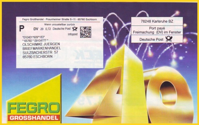 Infopost-Sendung mit Hülle mit DV-Freimachung mit Premium-Adressvermerk aus dem Jahr 2006 mit Infozeile (Ausschnitt) Infopost-Sendung mit Hülle mit DV-Freimachung mit Premium-Adressvermerk aus dem Jahr 2006 mit Infozeile (Ausschnitt)