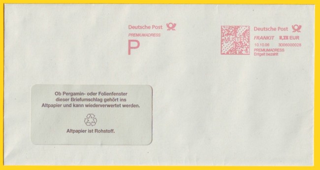 Musterbeleg von der Postexpo 2006 in Amsterdam von der Centormail-Maschine mit Premium-Adresshinweis (alles in rotk, da Zielgruppe der Kunden hier England und USA waren) wird in Deutschland natürlich in blau zu finden sein Musterbeleg von der Postexpo 2006 in Amsterdam von der Centormail-Maschine mit Premium-Adresshinweis (alles in rotk, da Zielgruppe der Kunden hier England und USA waren) wird in Deutschland natürlich in blau zu finden sein