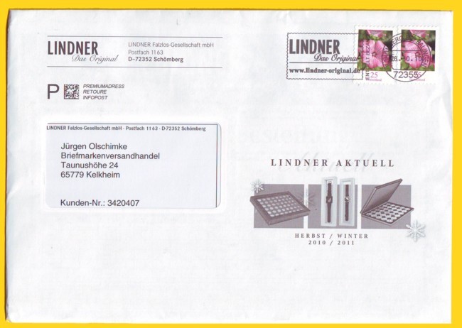 Infopostbrief mit Briefmarkenfrankatur und Vorausentwertung durch eine Absenderstempelung mit der neuen Vorausverfügung in Form des Premiumadressvermerkes (hier keine Freimachungsfunktion) mit der Produktvariante Premiumadress Retoure (verschickt 26.10.2010) Infopostbrief mit Briefmarkenfrankatur und Vorausentwertung durch eine Absenderstempelung mit der neuen Vorausverfügung in Form des Premiumadressvermerkes (hier keine Freimachungsfunktion) mit der Produktvariante Premiumadress Retoure (verschickt 26.10.2010)