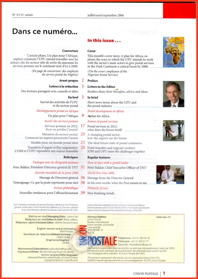 Die Inhaltsangabe des UPU Hauptmagazins in englisch und französisch und in Farbe mit Abbildungen - Ausgabe 3 / 2006 Die Inhaltsangabe des UPU Hauptmagazins in englisch und französisch und in Farbe mit Abbildungen - Ausgabe 3 / 2006