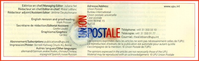 Das Impressum der Hauptausgabe mit dem Hinweis auf alle UPU Sprachen - Ausgabe 3 / 2006 Das Impressum der Hauptausgabe mit dem Hinweis auf alle UPU Sprachen - Ausgabe 3 / 2006