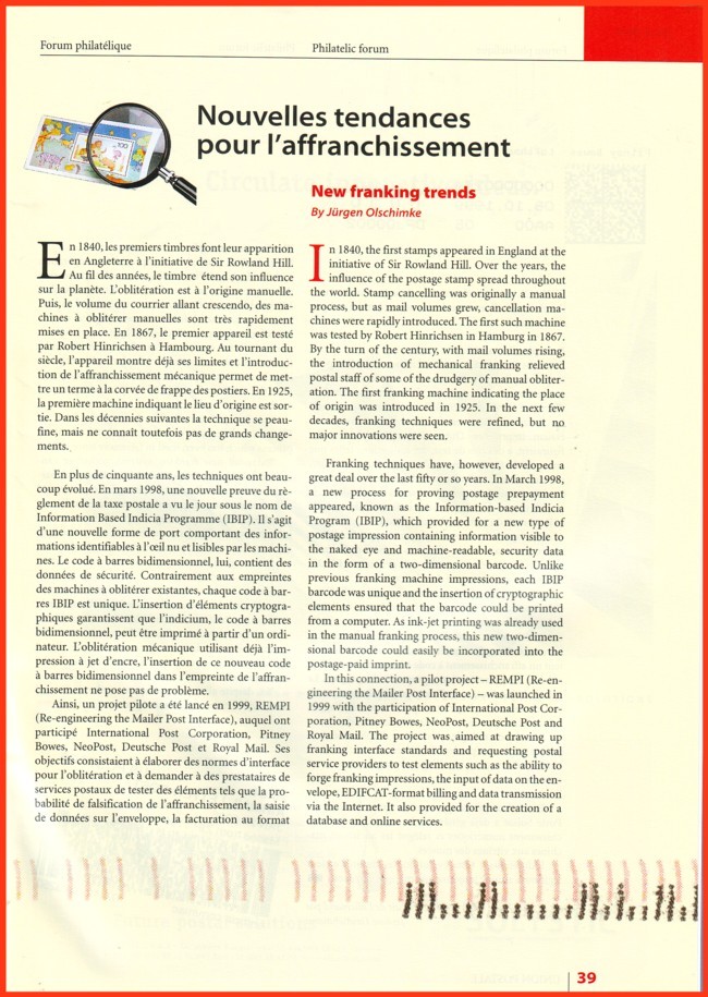 Die philatelistische Seite des UPU Hauptmagazins in französisch (links) und englisch (rechts) mit dem Artikel "Neue Frankiermaschinentrends" - Ausgabe 3 / 2006 - Seite 39 Die philatelistische Seite des UPU Hauptmagazins in französisch (links) und englisch (rechts) mit dem Artikel "Neue Frankiermaschinentrends" - Ausgabe 3 / 2006 - Seite 39