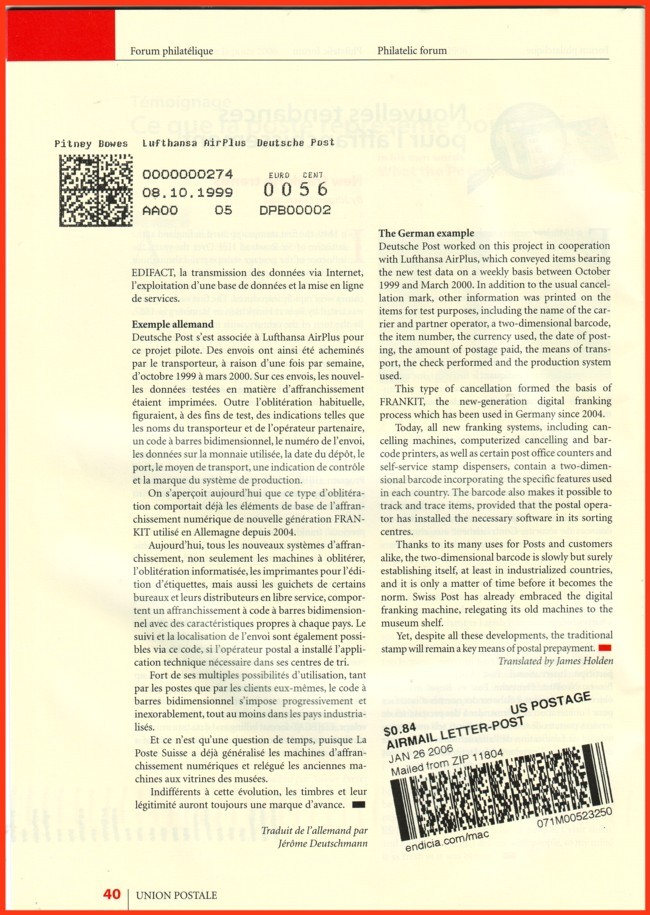 Die philatelistische Seite des UPU Hauptmagazins in französisch (links) und englisch (rechts) mit dem Artikel "Neue Frankiermaschinentrends" - Ausgabe 3 / 2006 - Seite 40 Die philatelistische Seite des UPU Hauptmagazins in französisch (links) und englisch (rechts) mit dem Artikel "Neue Frankiermaschinentrends" - Ausgabe 3 / 2006 - Seite 40