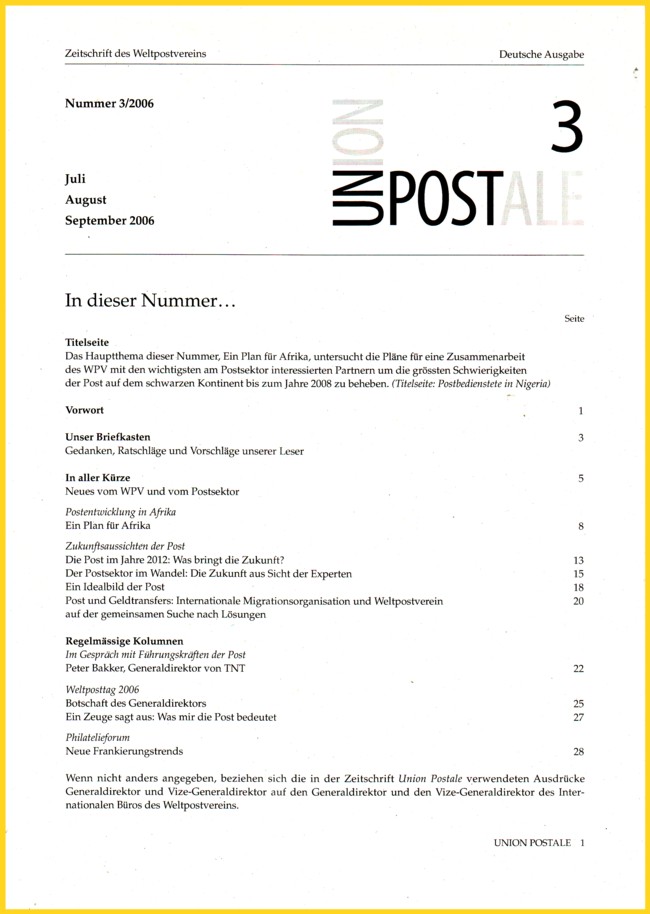 Die Inhaltsangabe der deutschen Ausgabe Union Postale 03/2006 Die Inhaltsangabe der deutschen Ausgabe Union Postale 03/2006
